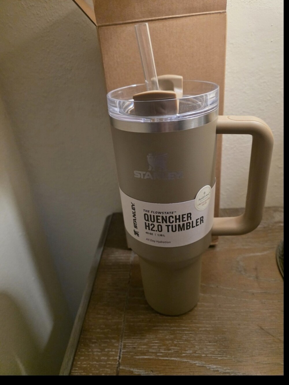 Stanley Tan Travel Tumbler with Handle and Straw